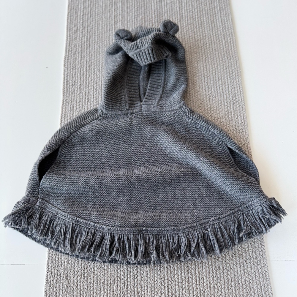Baby GAP Charcoal Gray Cotton Sweater Knit Hooded Poncho with Ears Sz 3 Years